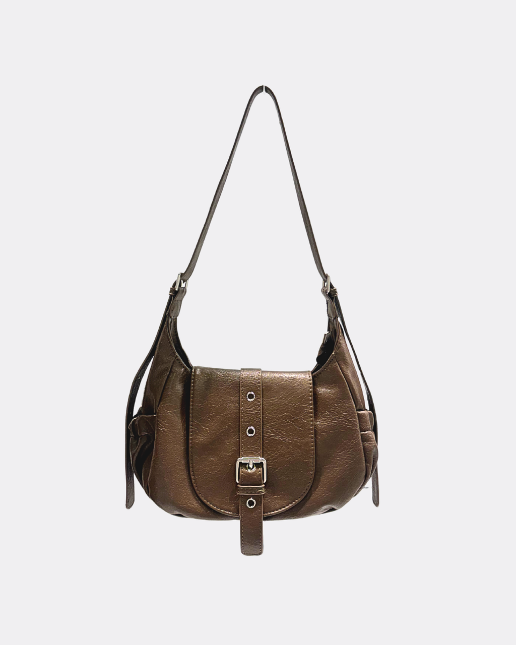 Vintage Washed Leather Buckle Flap Compact Shoulder Bag