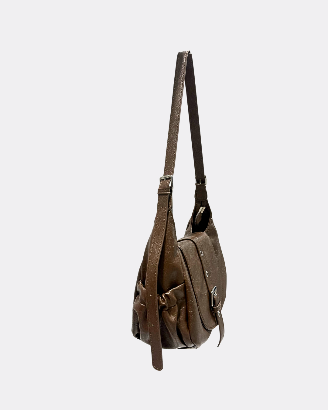 Vintage Washed Leather Buckle Flap Compact Shoulder Bag