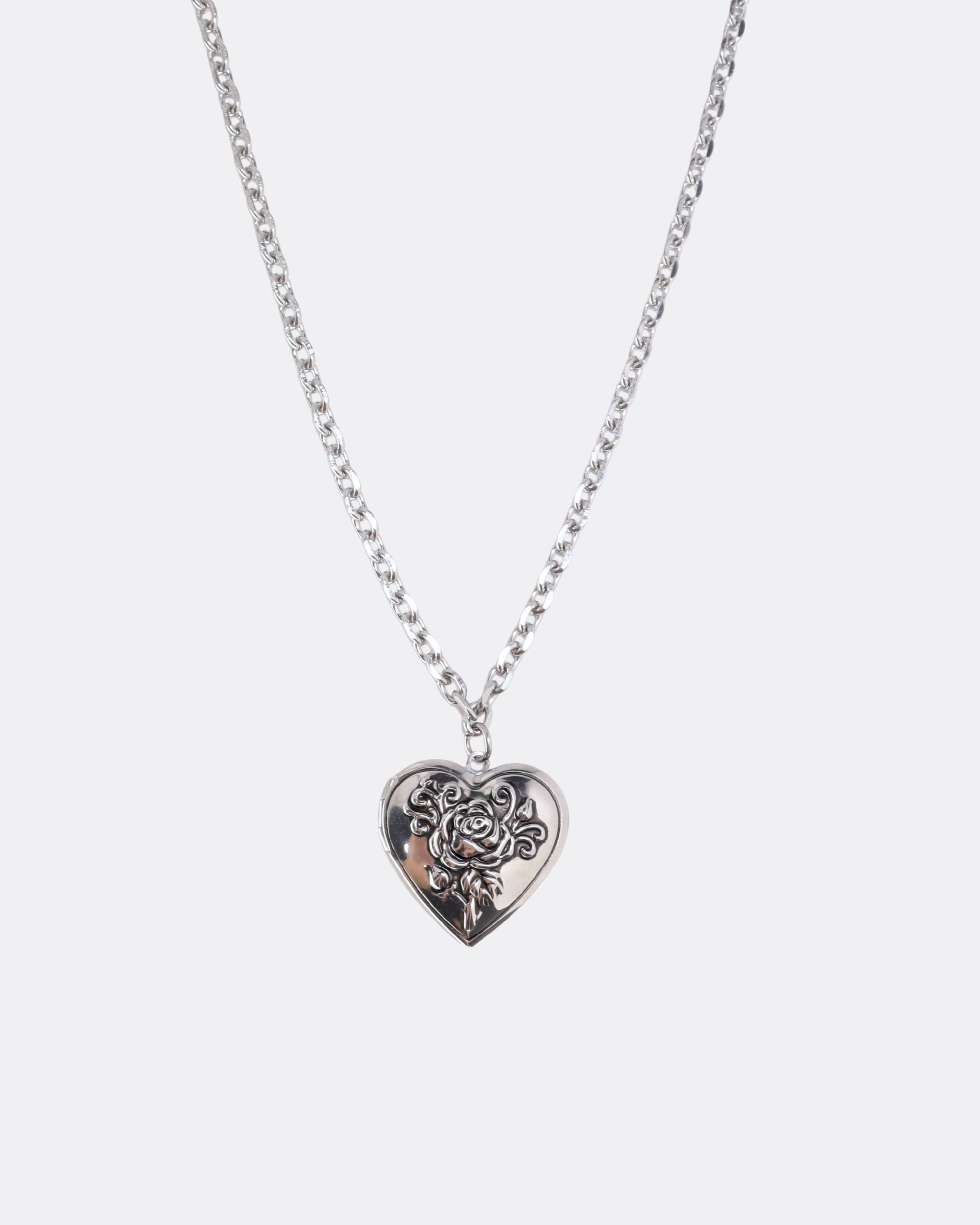 Vintage Rose Engraved Heart Locket Surgical Steel Necklace