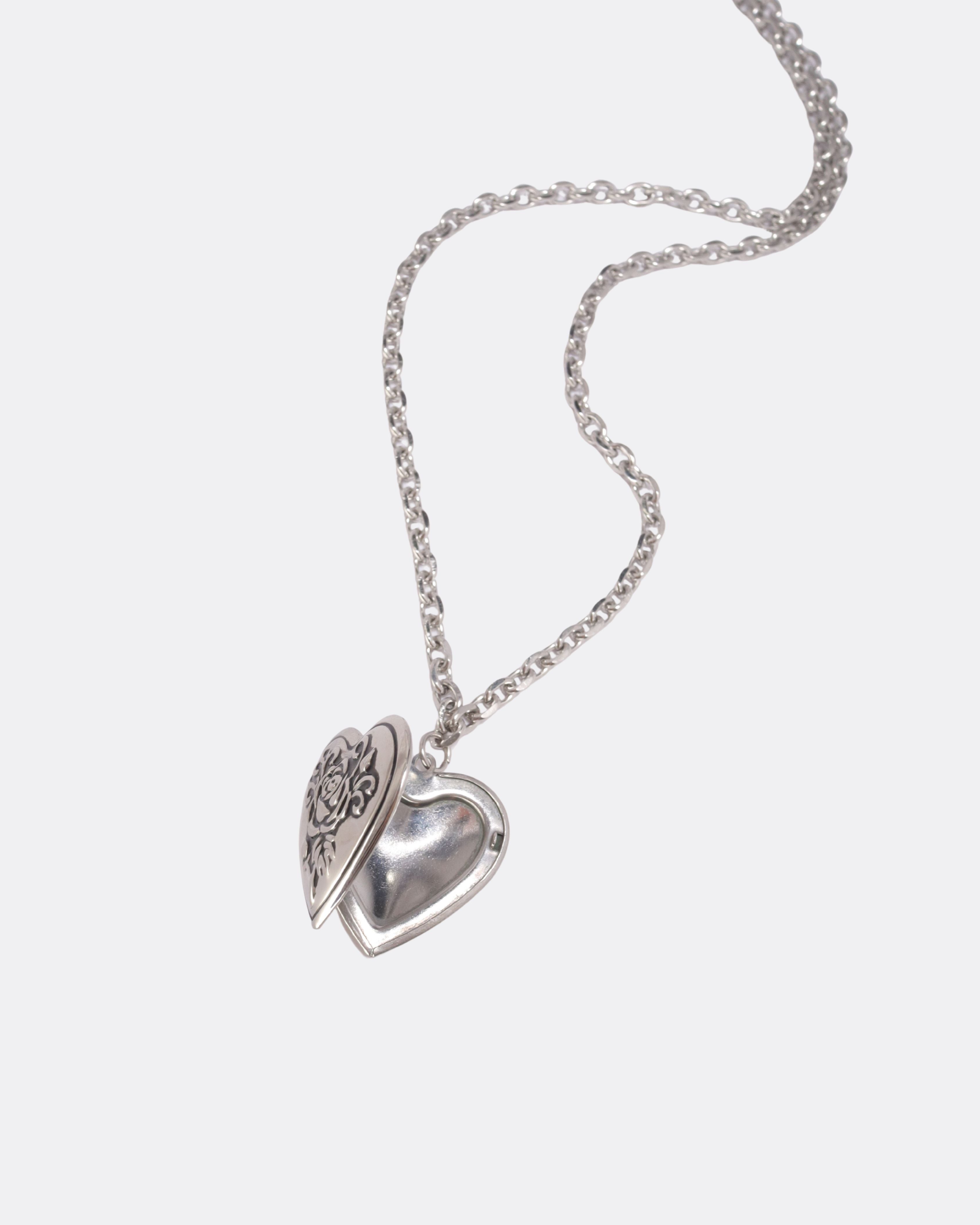 Vintage Rose Engraved Heart Locket Surgical Steel Necklace