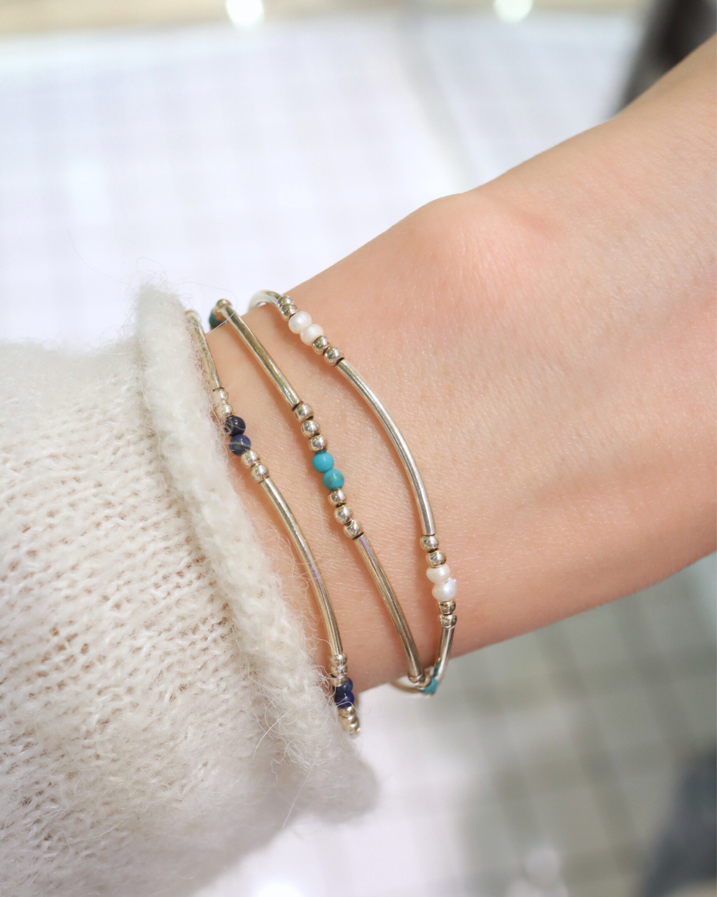 Minimal Silver Tube Beaded Stretch Layering Bracelet