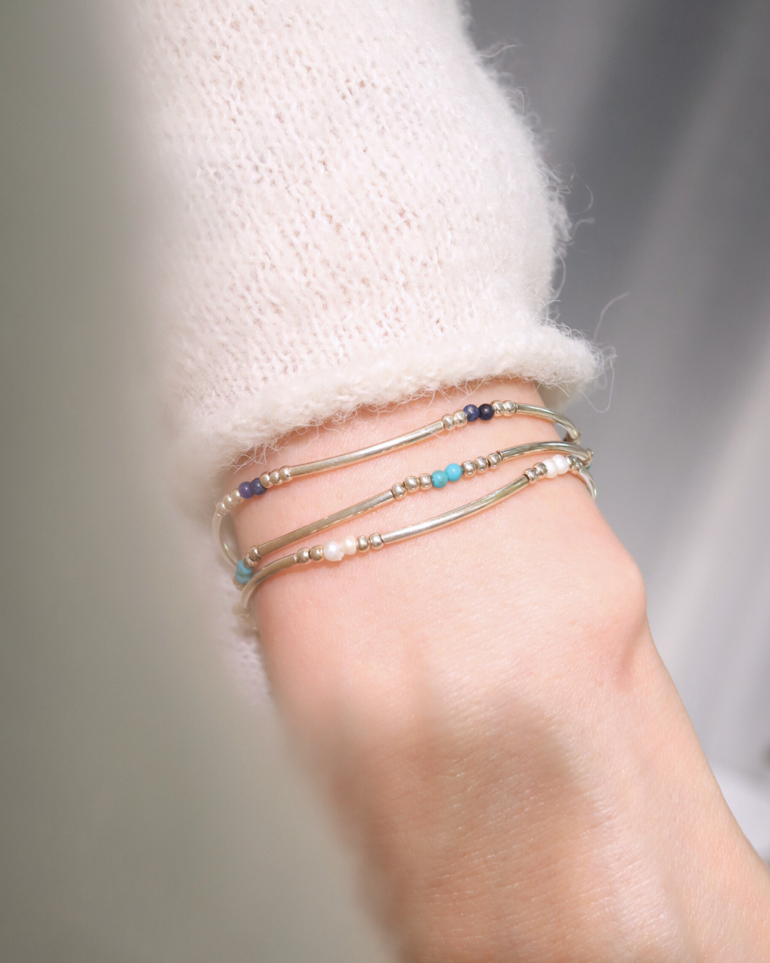 Minimal Silver Tube Beaded Stretch Layering Bracelet