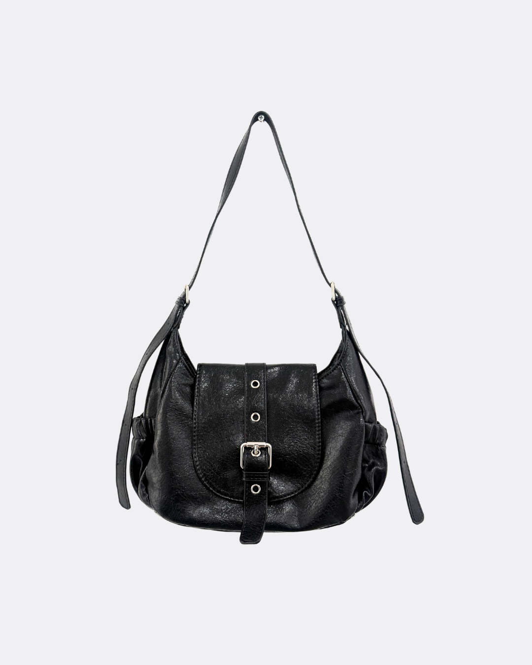 Vintage Washed Leather Buckle Flap Compact Shoulder Bag