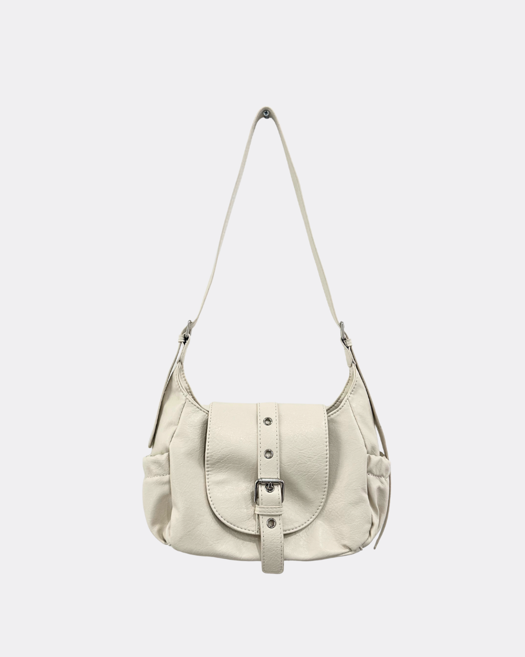 Vintage Washed Leather Buckle Flap Compact Shoulder Bag