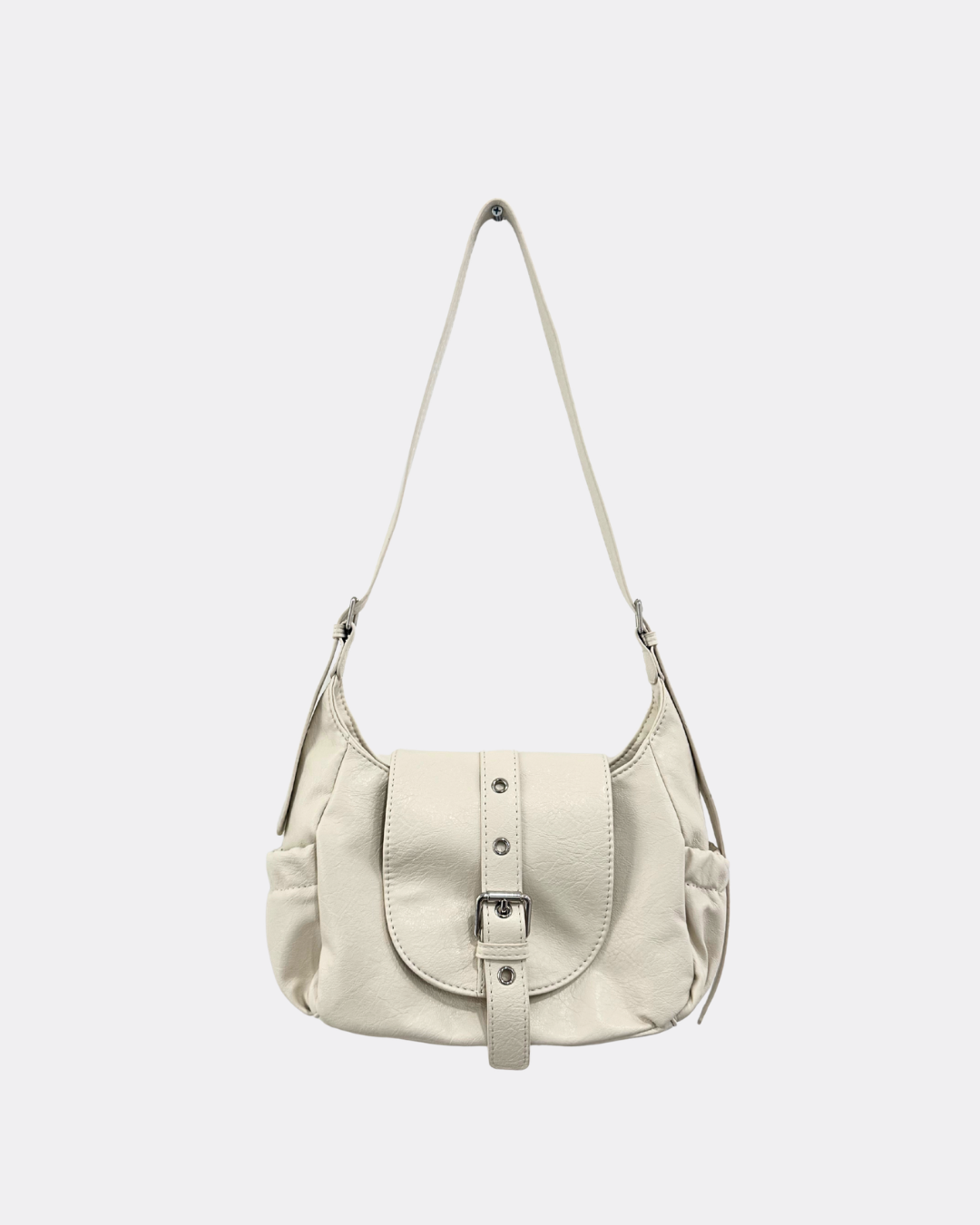 Vintage Washed Leather Buckle Flap Compact Shoulder Bag