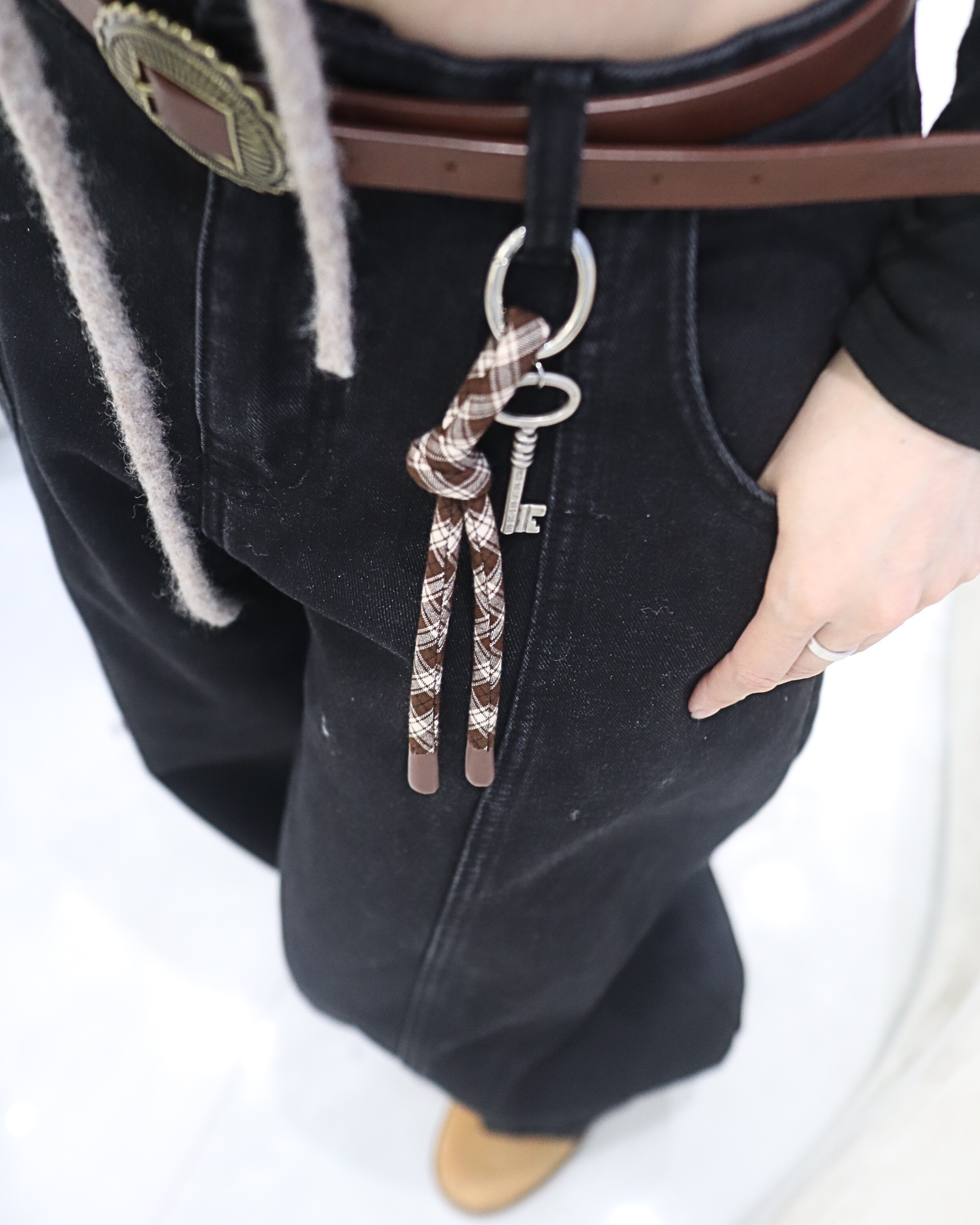 Plaid Fabric Strap Keyring with Vintage Large Key Charm