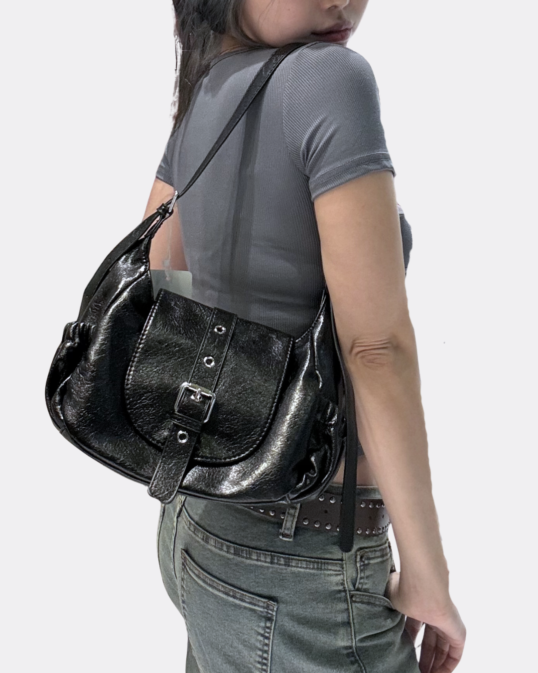 Vintage Washed Leather Buckle Flap Compact Shoulder Bag