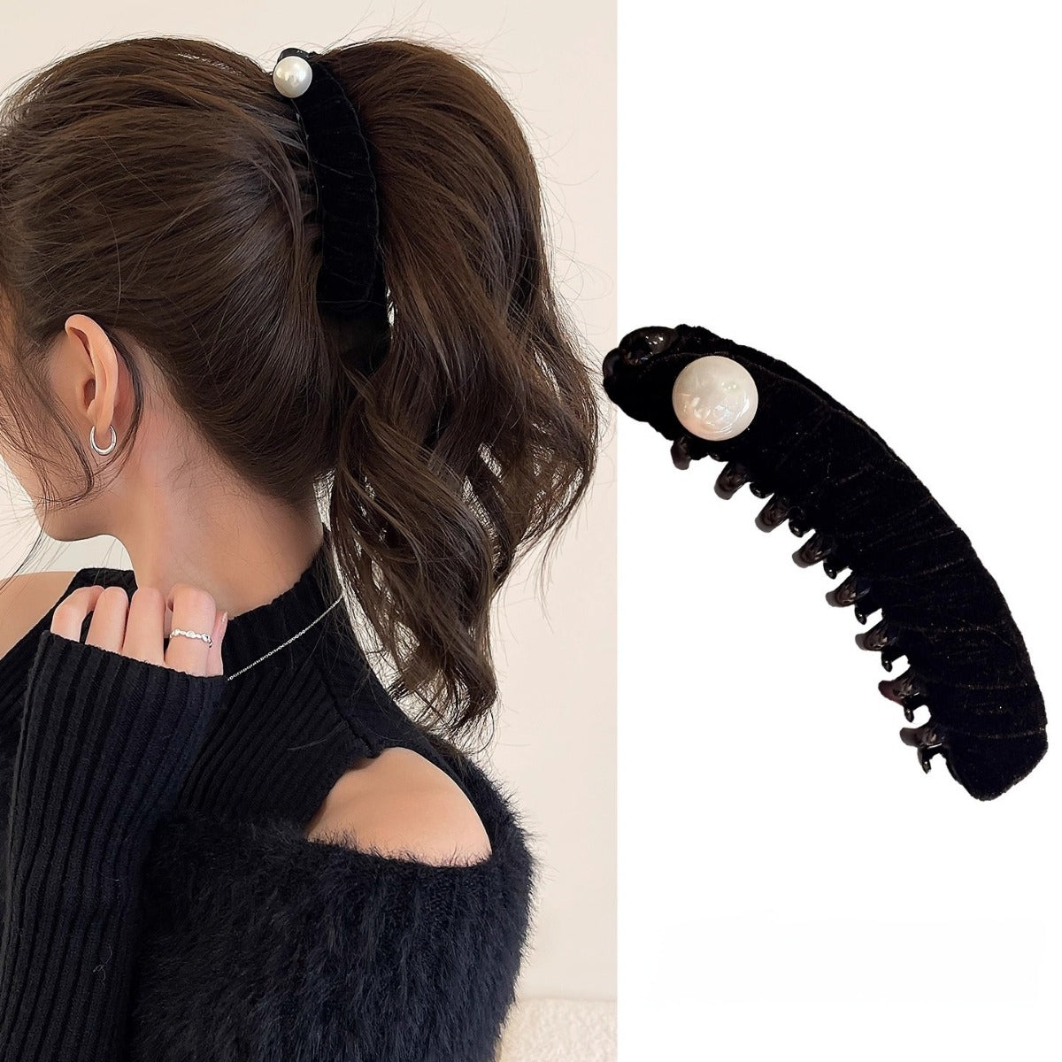 A side-by-side layout showing a woman with a voluminous wavy ponytail secured by a black velvet pearl banana clip, next to a product shot of the closed clip.
